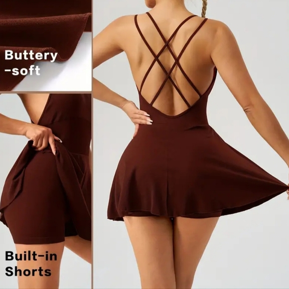 Rubylishious Seamless Cross-Back Tennis Dress with Built-in Shorts, Scoop Neck, - Picture 1 of 9